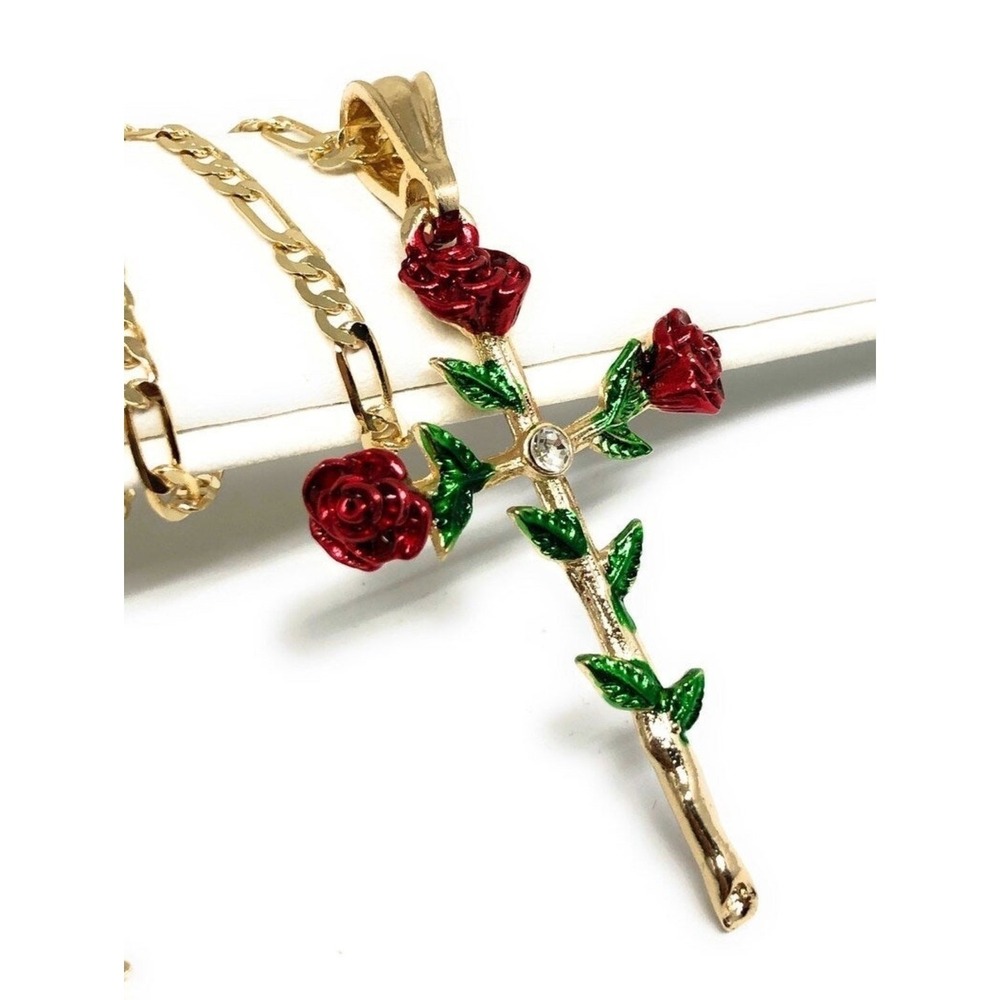 Gold Rose Cross Necklace Red Rose Flower Cross Pendant Christian Religious